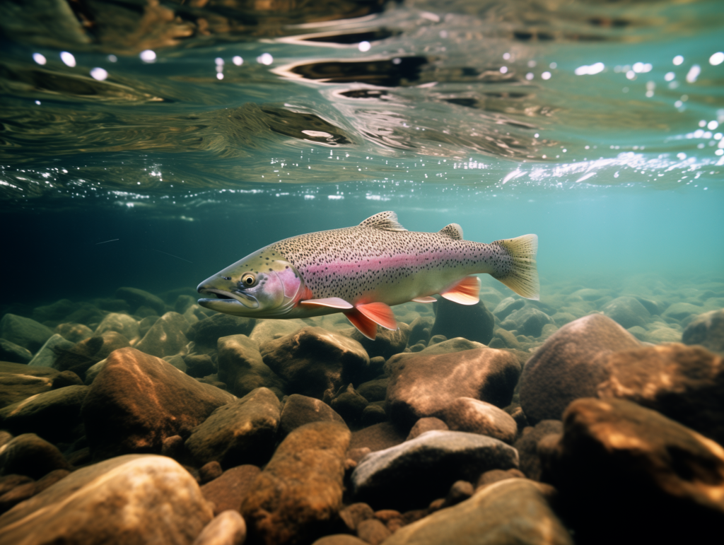 Eine Regenbogenforelle schwimmt in einem Bachbett.
