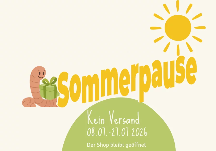 Banner announcing a summer break: yellow 'Sommerpause' text with a worm and green gift, sun in the corner; 'Kein Versand' and dates 08.01–27.01.2026.